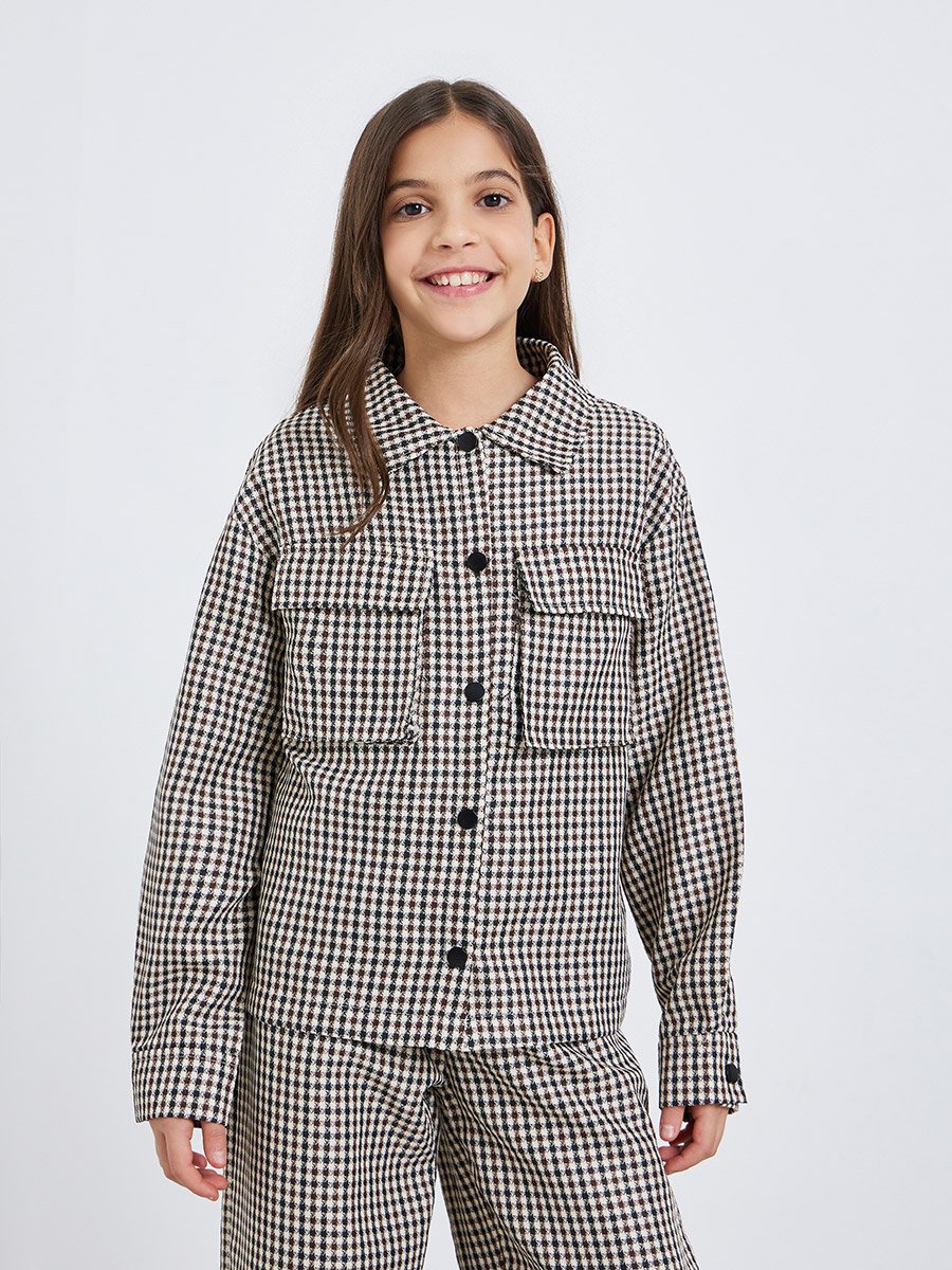 Girls Brown Checked Shirt with Pockets
