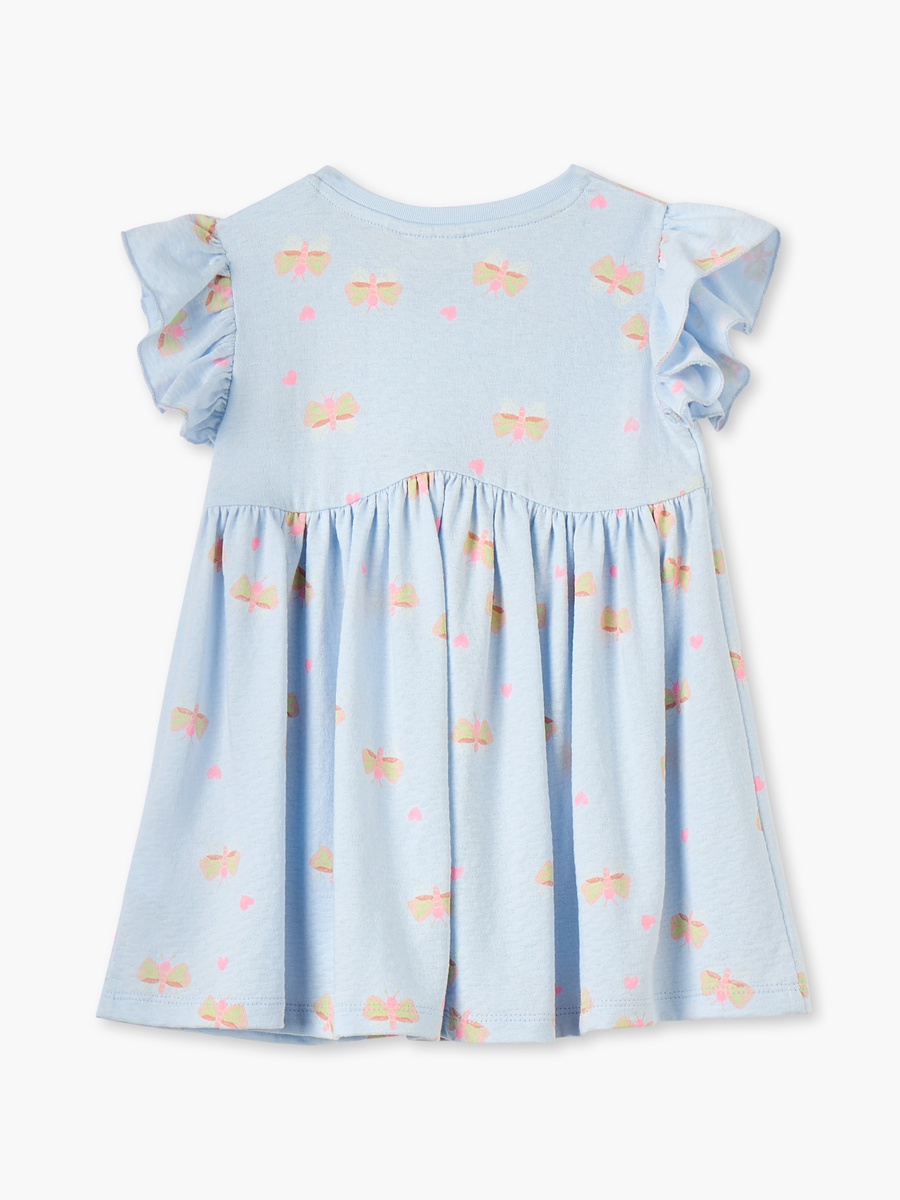 Butterfly Print A-Line Dress with Round Neck and Flutter Sleeves