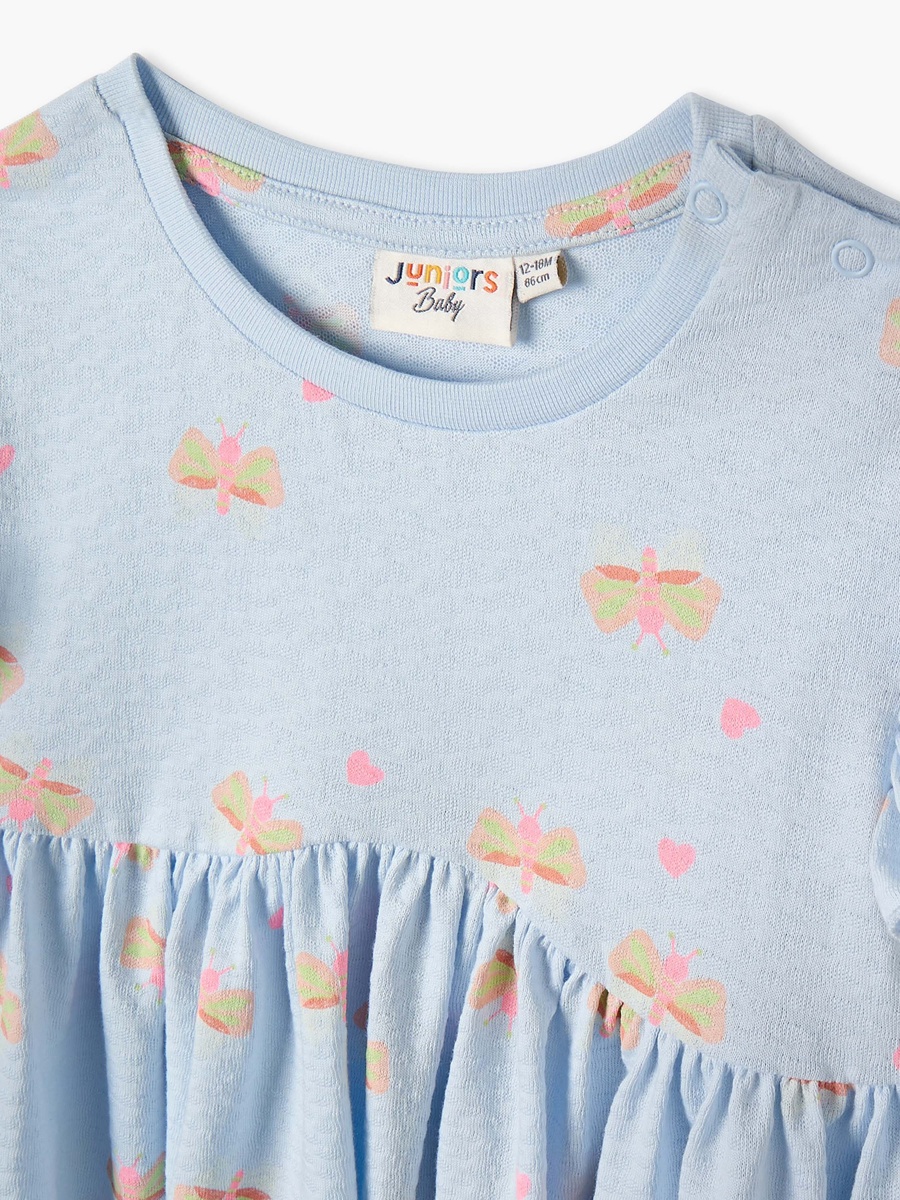 Butterfly Print A-Line Dress with Round Neck and Flutter Sleeves