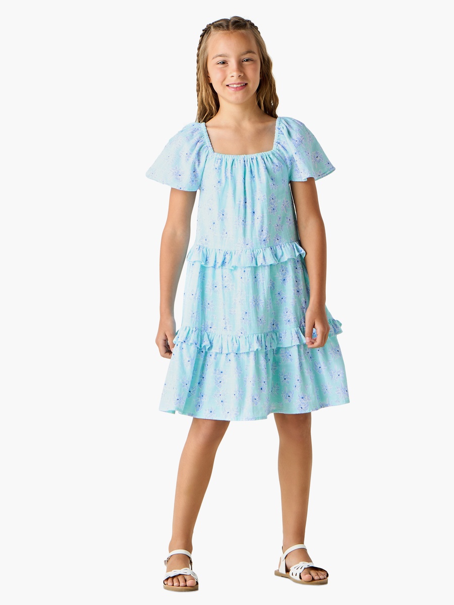 All-Over Floral Print Square Neck Dress with Short Sleeves