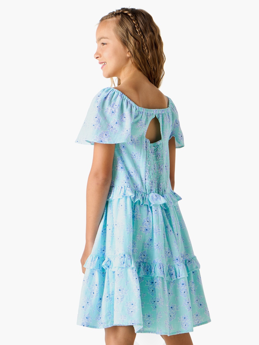 All-Over Floral Print Square Neck Dress with Short Sleeves