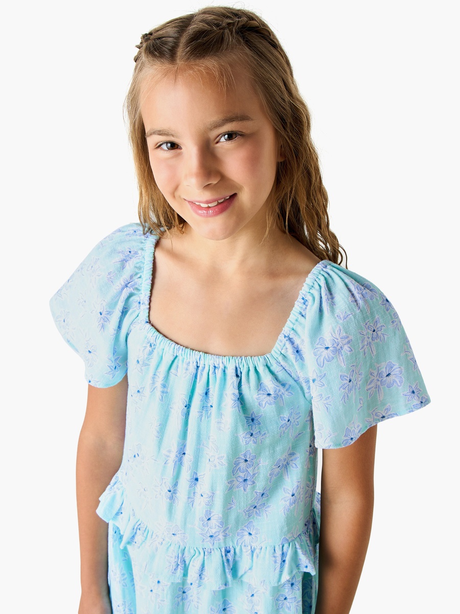 All-Over Floral Print Square Neck Dress with Short Sleeves