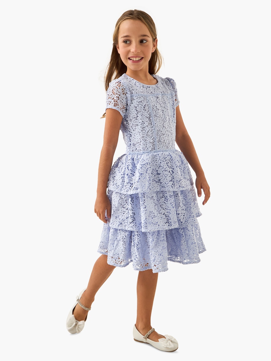 Lace Detail Tiered Dress with Short Sleeves and Zip Closure