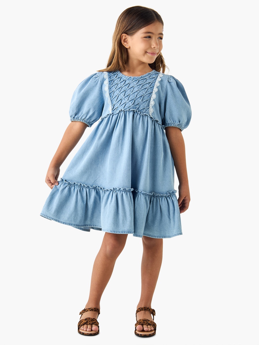 Textured Round Neck A-Line Dress with Puff Sleeves