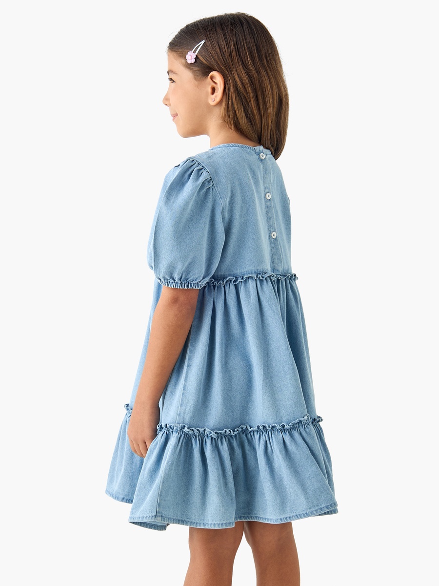 Textured Round Neck A-Line Dress with Puff Sleeves