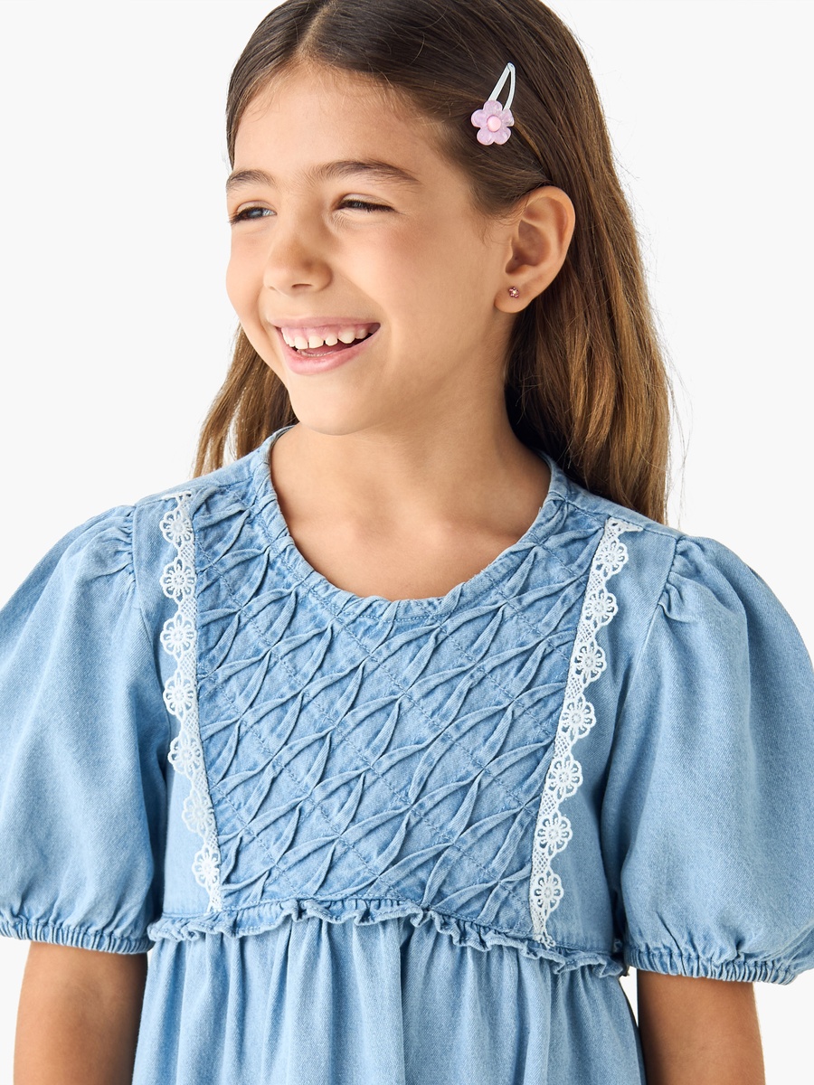 Textured Round Neck A-Line Dress with Puff Sleeves
