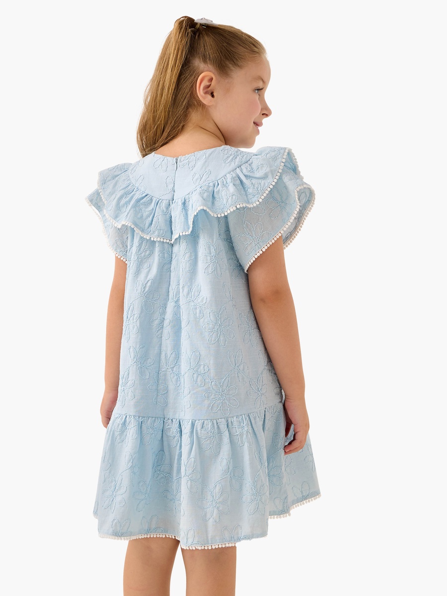 Embroidered Drop Waist Dress with Round Neck and Short Sleeves