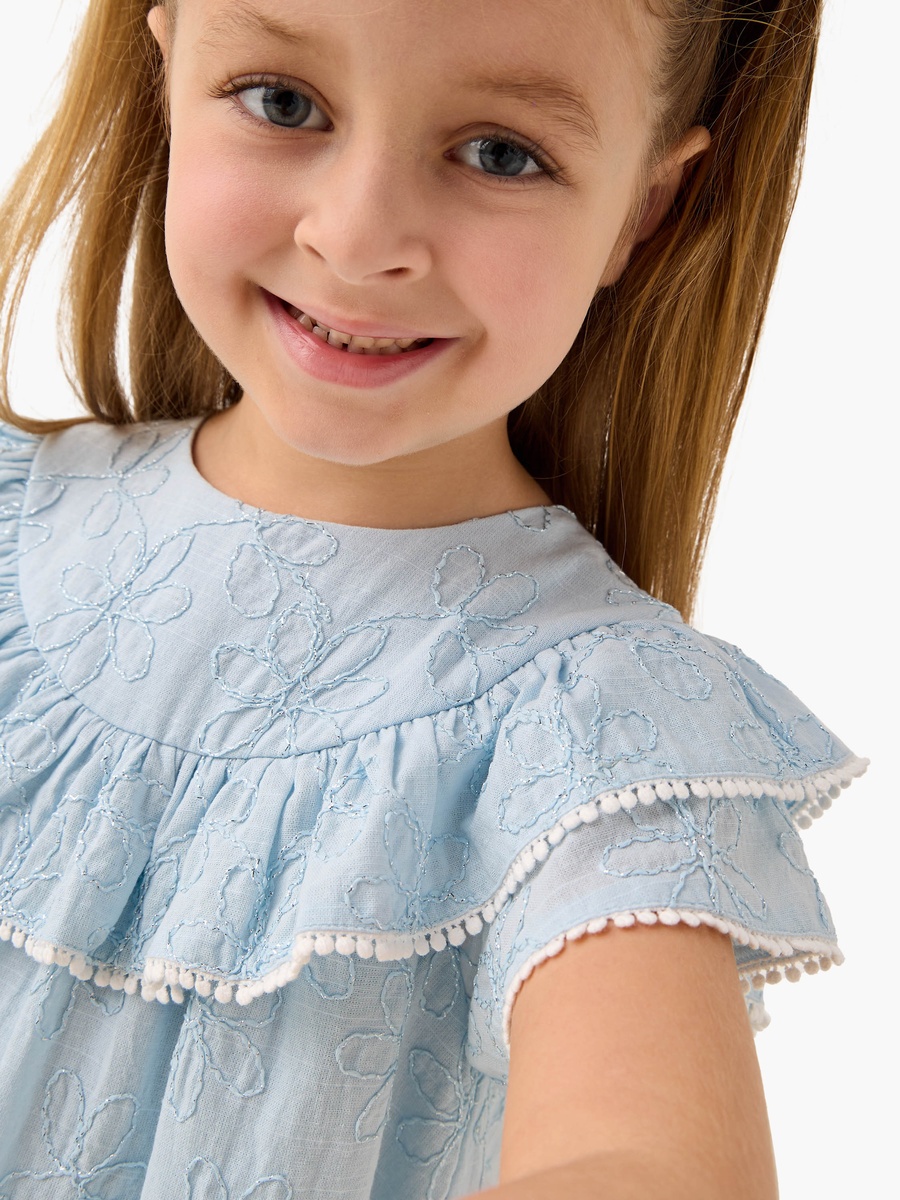 Embroidered Drop Waist Dress with Round Neck and Short Sleeves