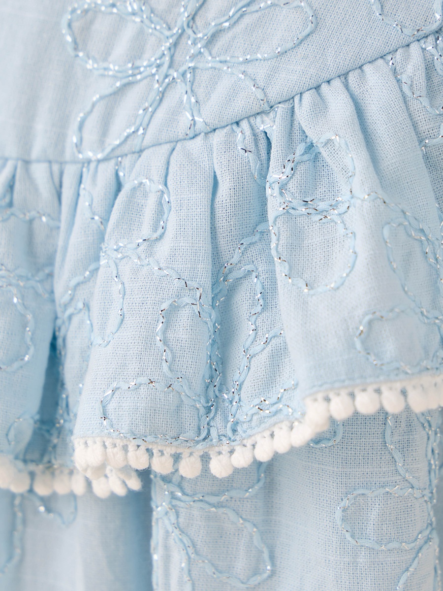 Embroidered Drop Waist Dress with Round Neck and Short Sleeves