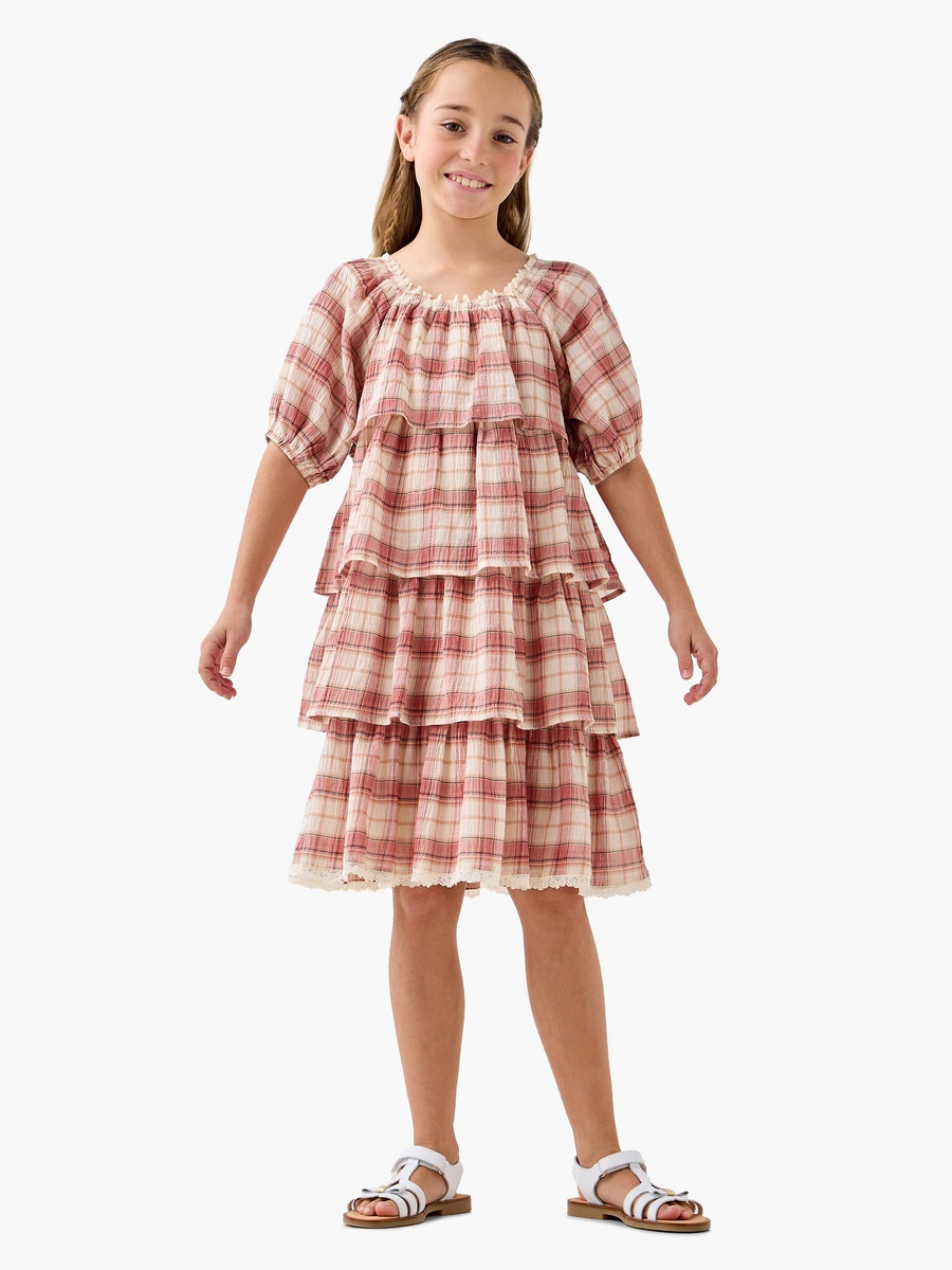 Checked Tiered Dress with Square Neck and Short Sleeves