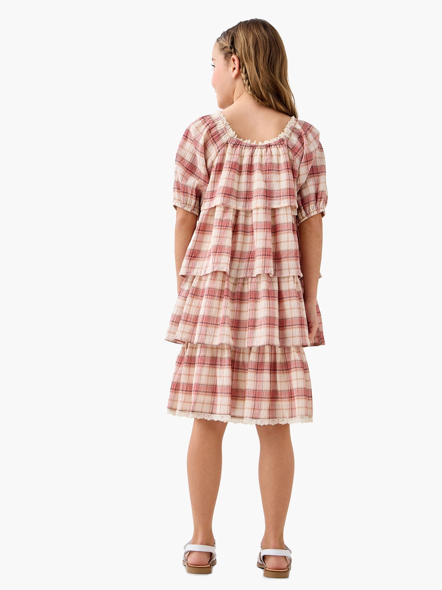 Checked Tiered Dress with Square Neck and Short Sleeves