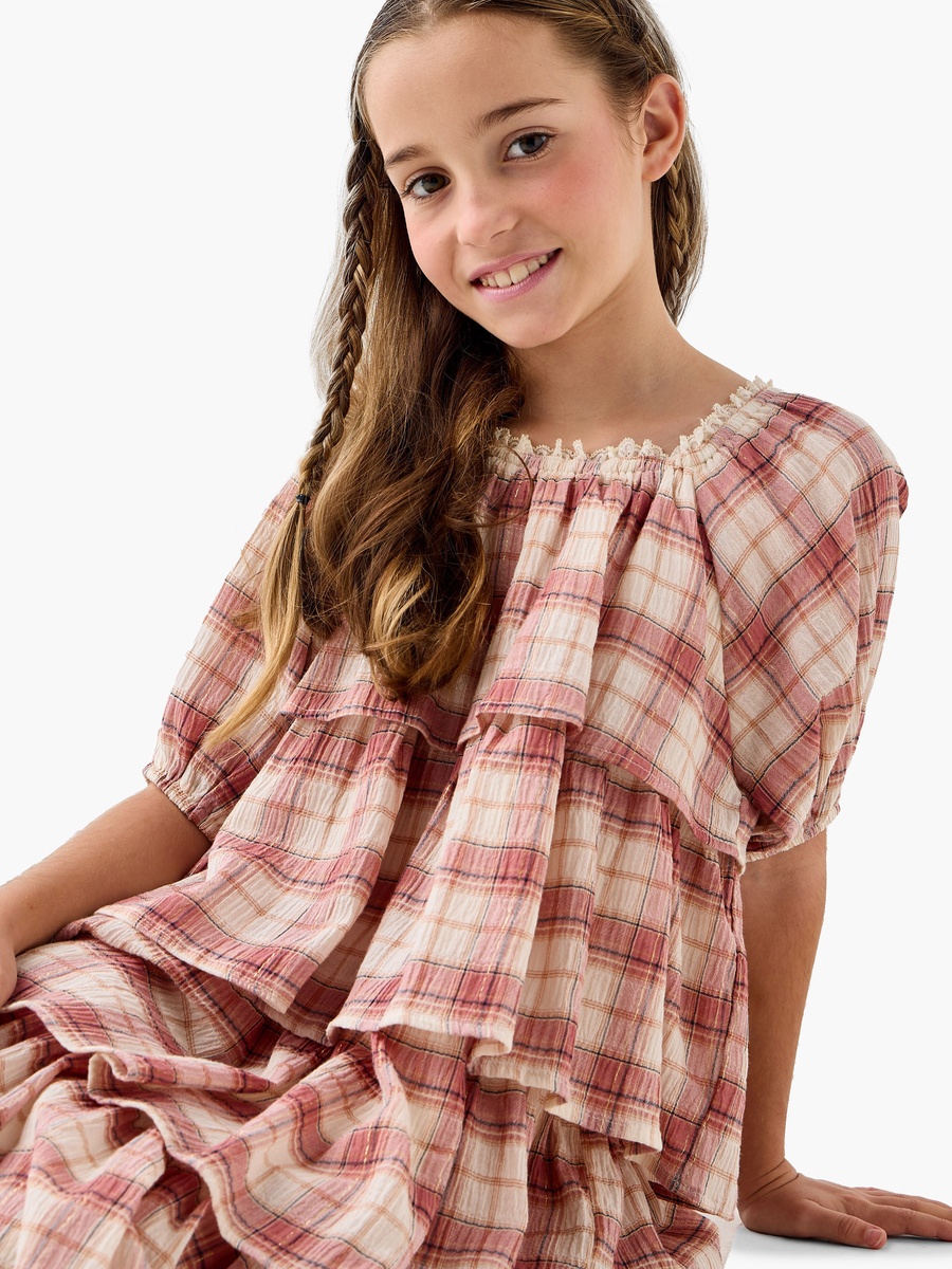 Checked Tiered Dress with Square Neck and Short Sleeves