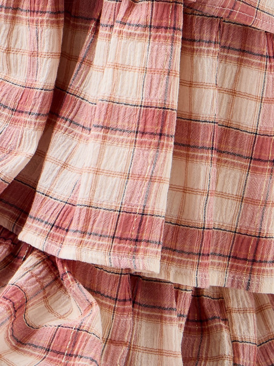 Checked Tiered Dress with Square Neck and Short Sleeves