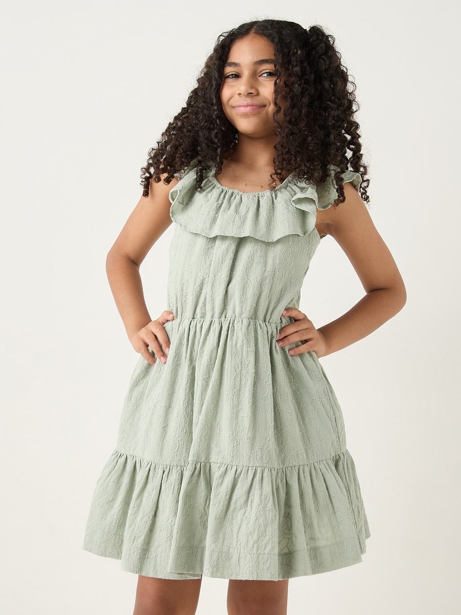 All-Over Embroidered Sleeveless Dress with Ruffles