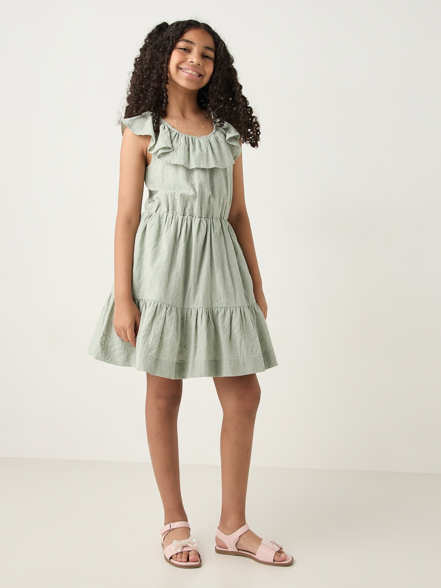 All-Over Embroidered Sleeveless Dress with Ruffles