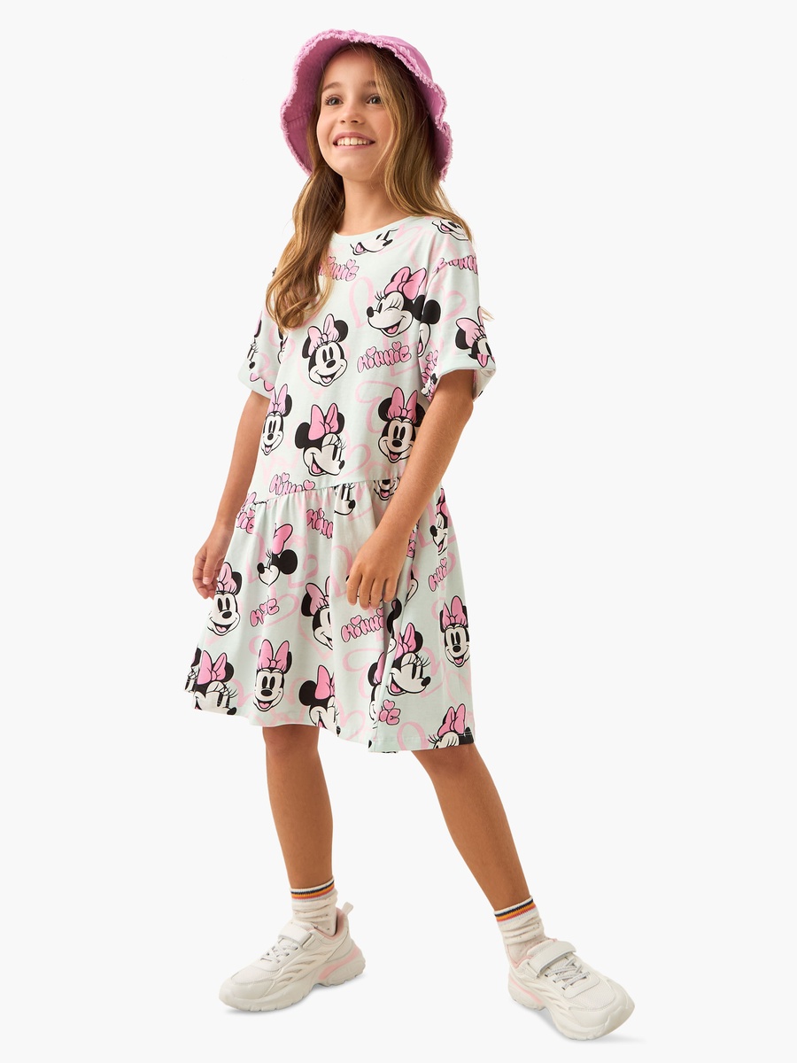 All-Over Minnie Mouse Print Dress with Short Sleeves