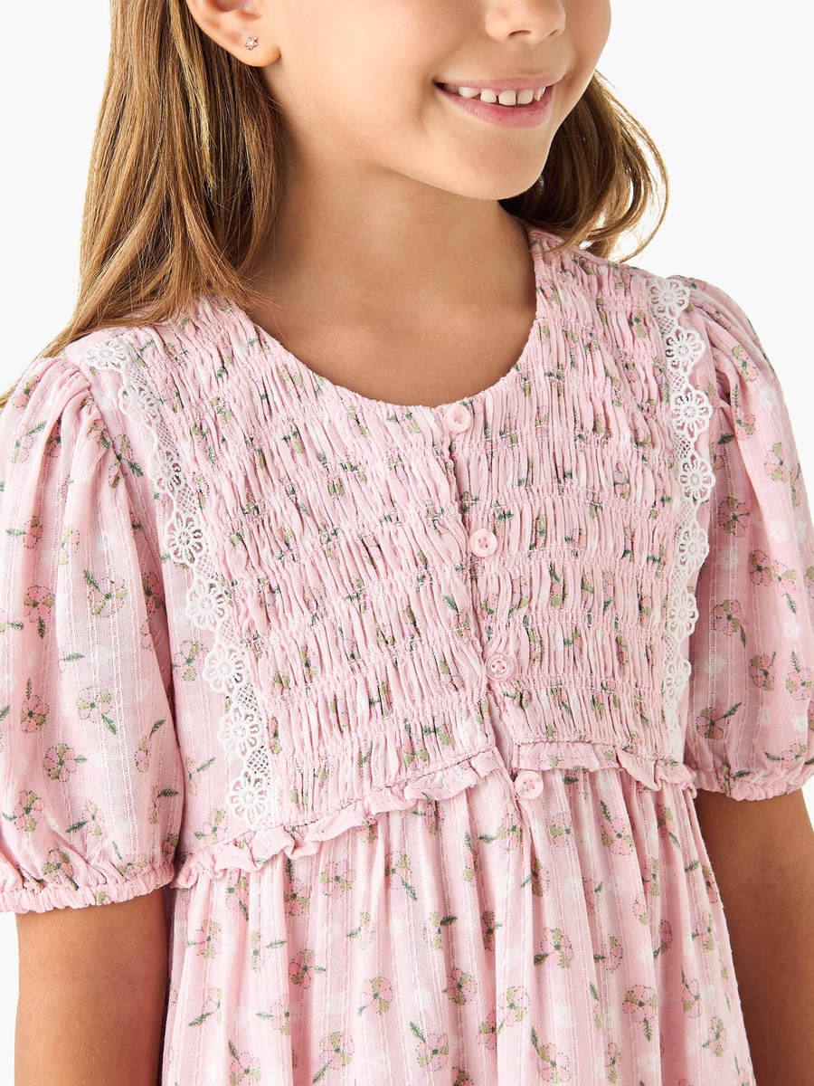 Floral Print A-Line Dress with Smocked Detail and Round Neck