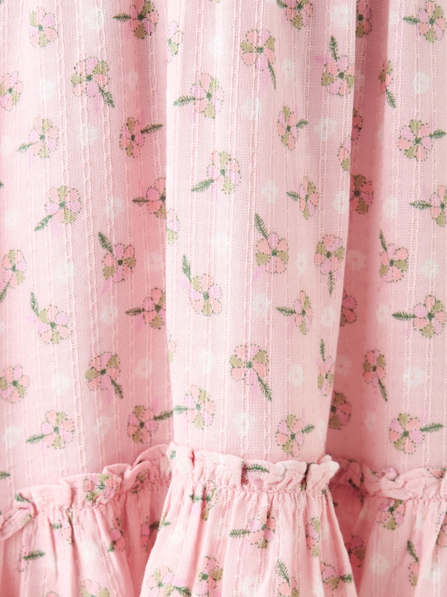 Floral Print A-Line Dress with Smocked Detail and Round Neck