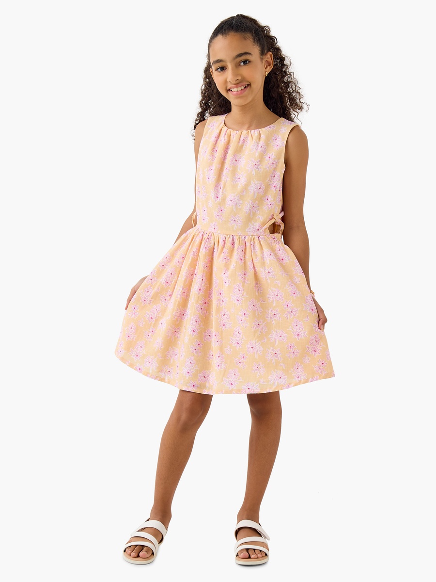 Floral Print Sleeveless Dress with Tie-Up Detail