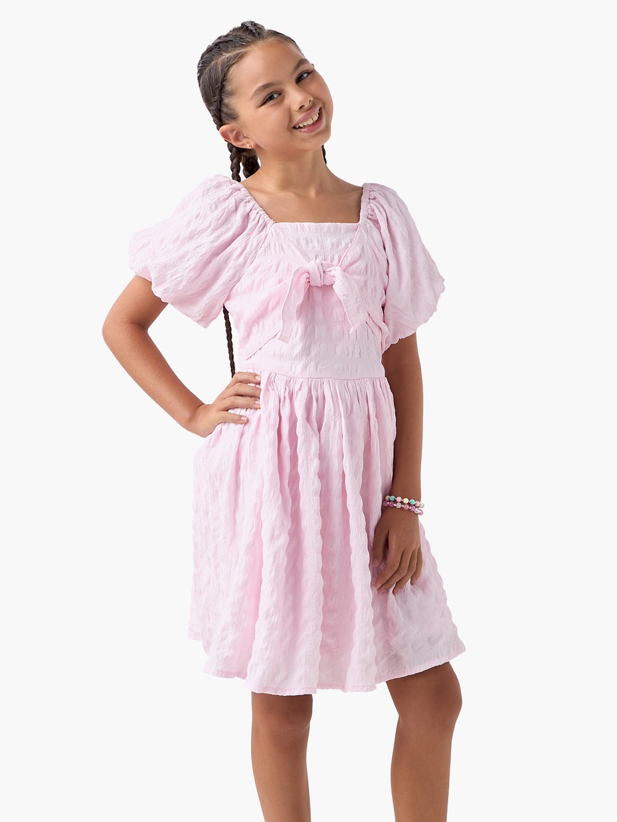 Textured Square Neck Dress with Short Sleeves and Tie-Up Detail