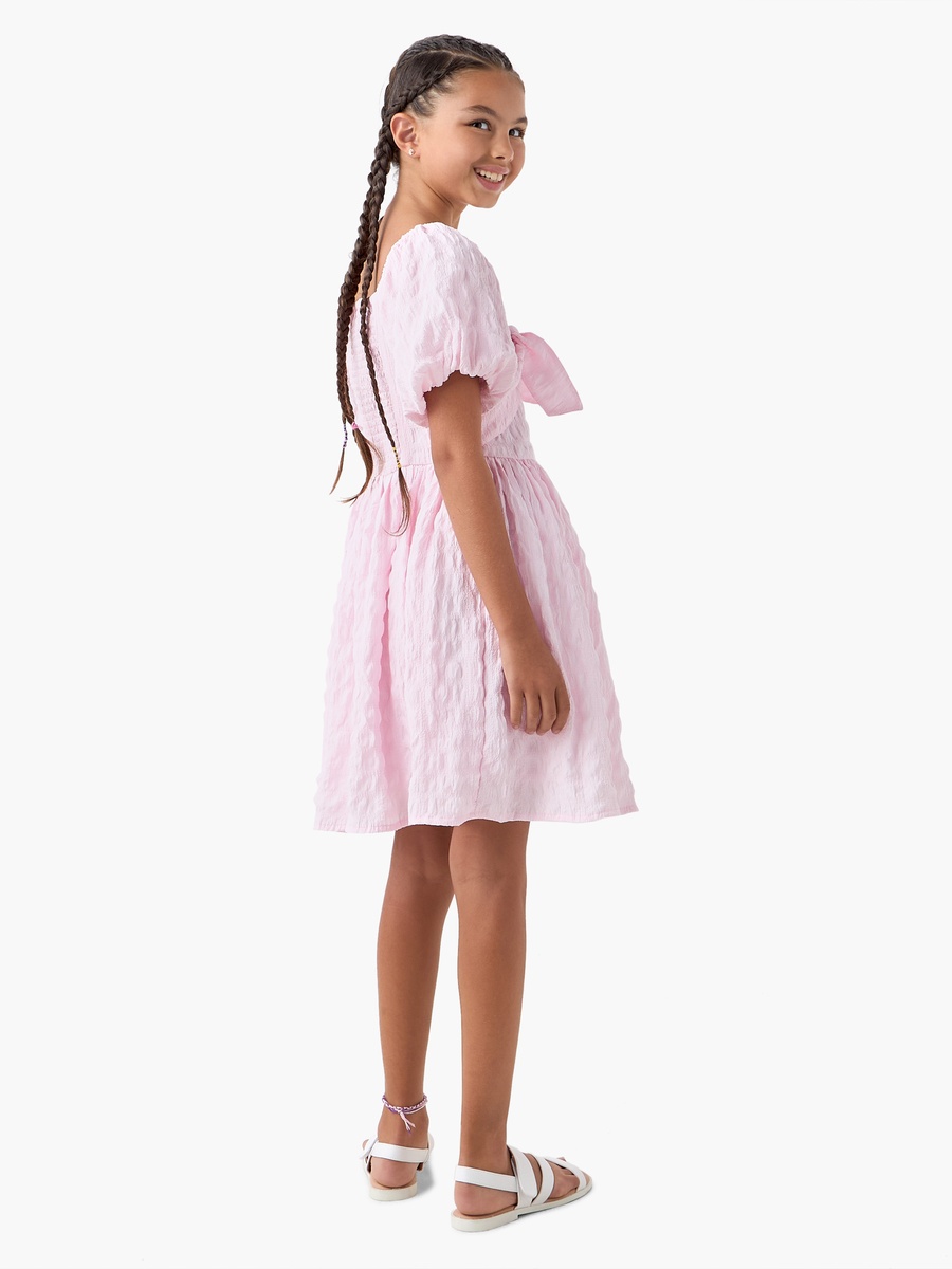 Textured Square Neck Dress with Short Sleeves and Tie-Up Detail