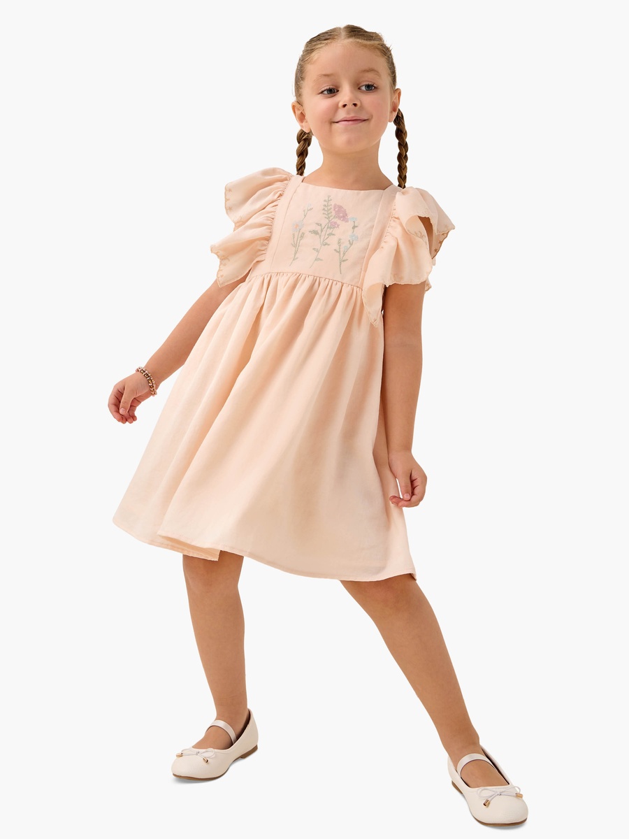 Embroidered Round Neck Dress with Ruffle Short Sleeves