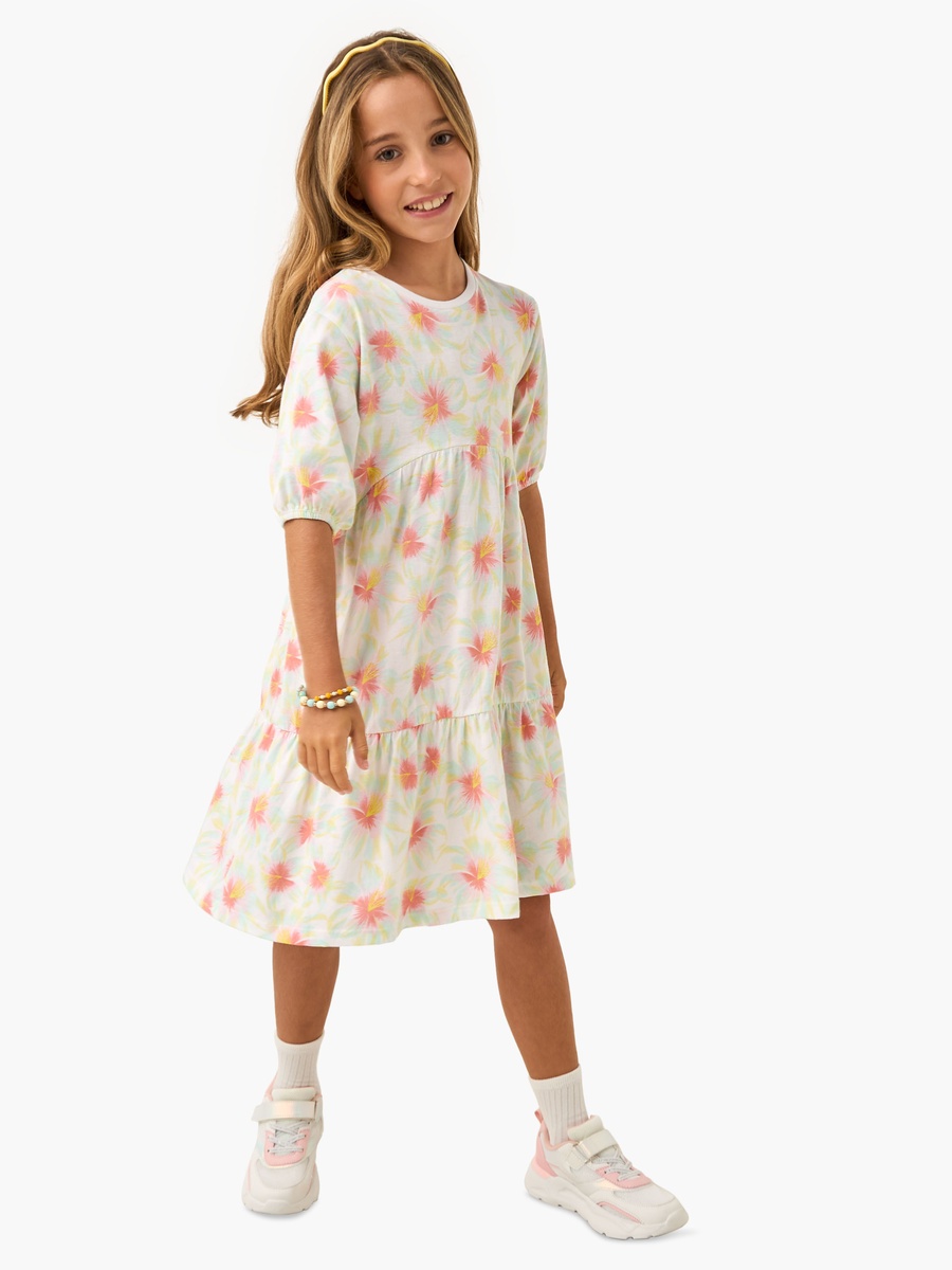 All-Over Floral Print Tiered Dress with Short Sleeves