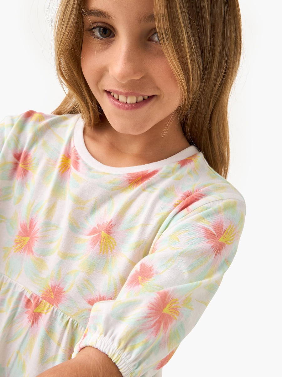 All-Over Floral Print Tiered Dress with Short Sleeves