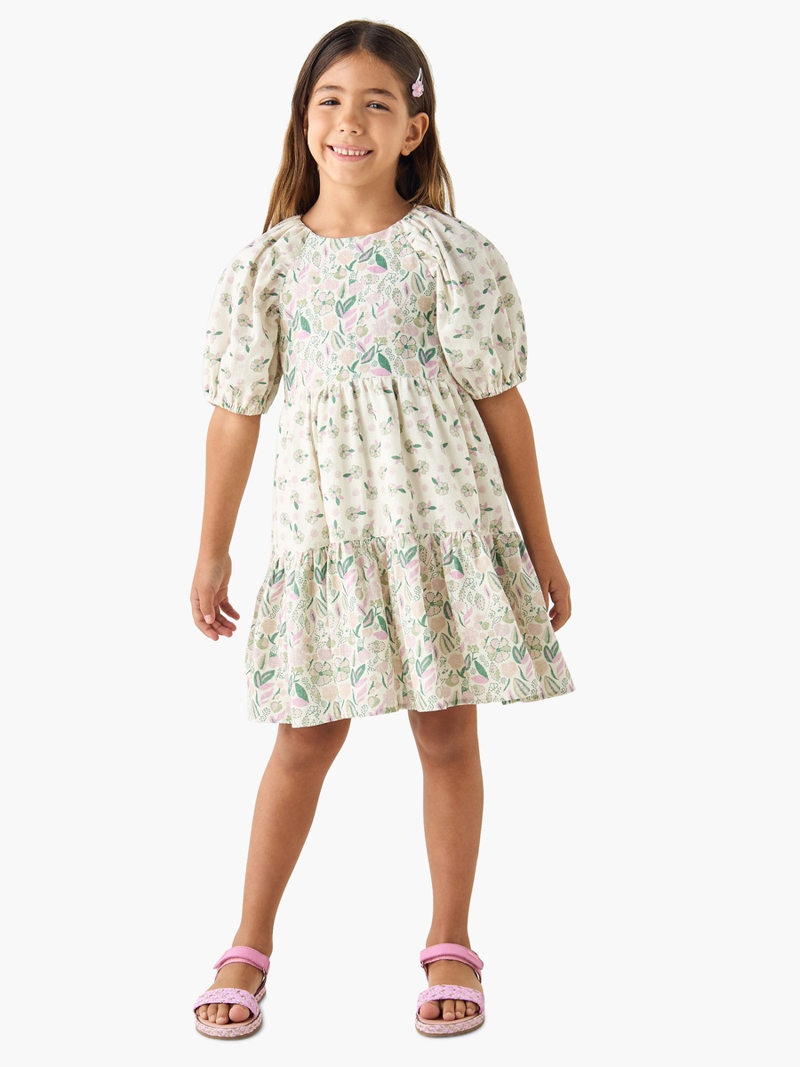 Floral Print A-Line Dress with Round Neck and Short Sleeves