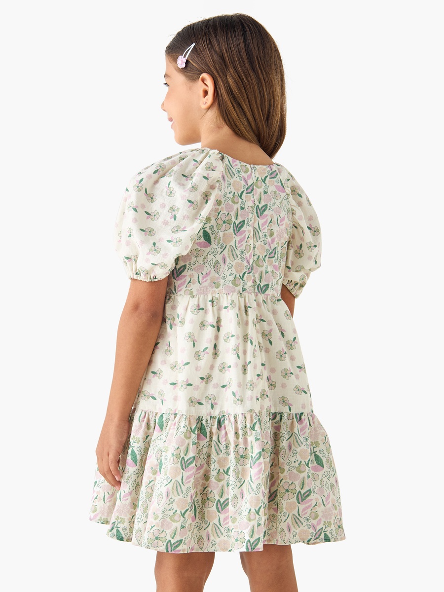 Floral Print A-Line Dress with Round Neck and Short Sleeves