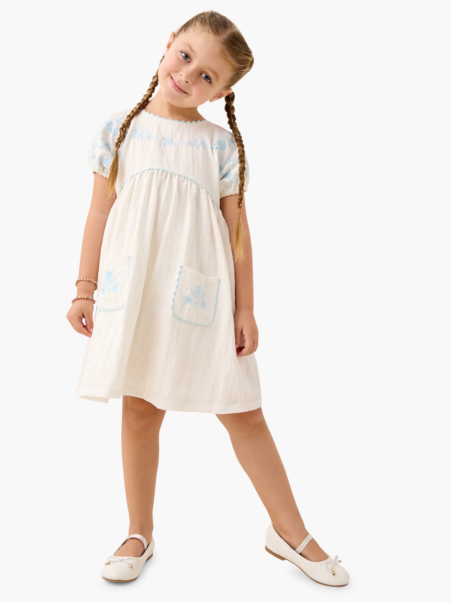 Embroidered Round Neck Dress with Pockets and Short Sleeves