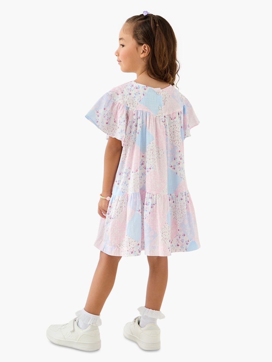 All-Over Patchwork Print Dress with Flared Sleeves