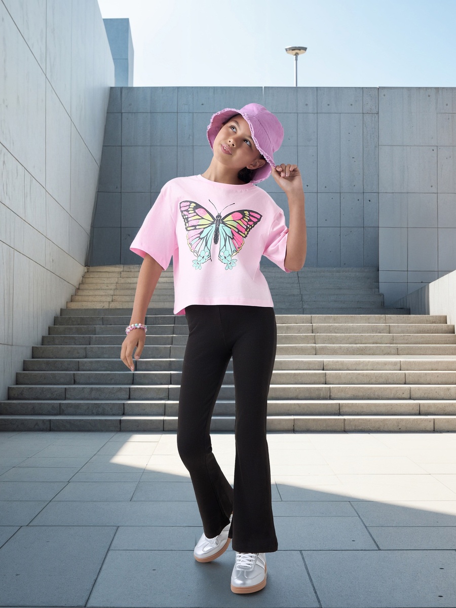 Butterfly Print T-Shirt with Crew Neck and Short Sleeves