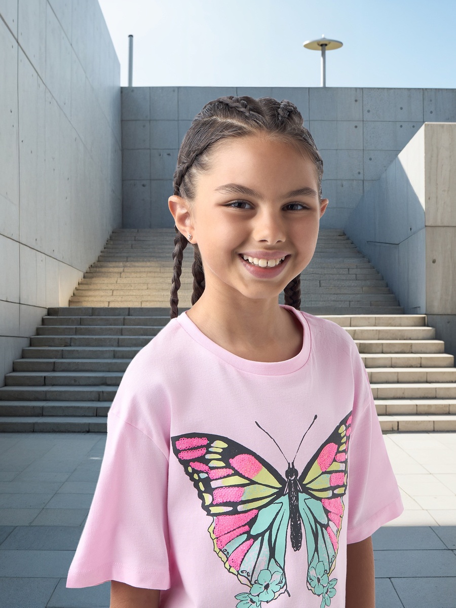 Butterfly Print T-Shirt with Crew Neck and Short Sleeves
