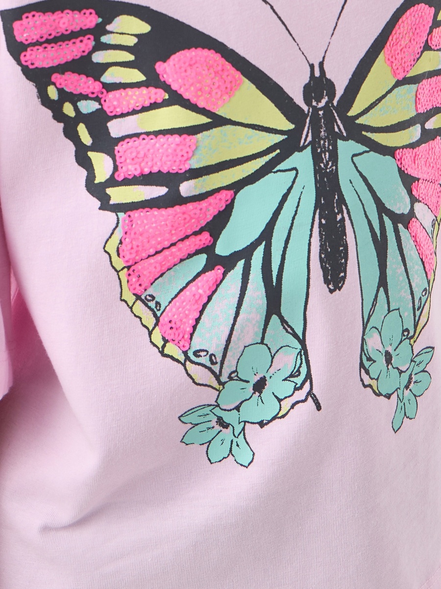 Butterfly Print T-Shirt with Crew Neck and Short Sleeves