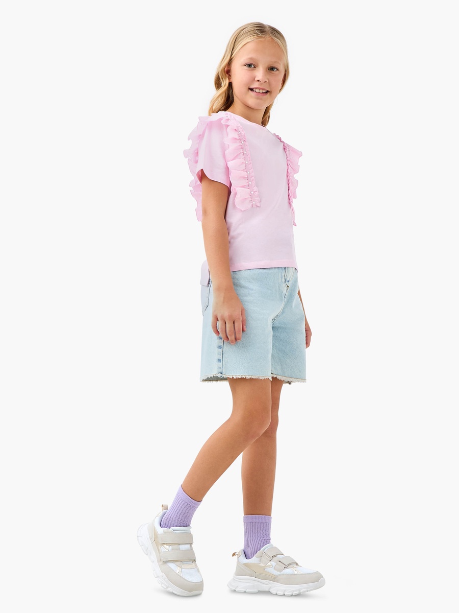 Embellished T-Shirt with Ruffle Detail and Short Sleeves