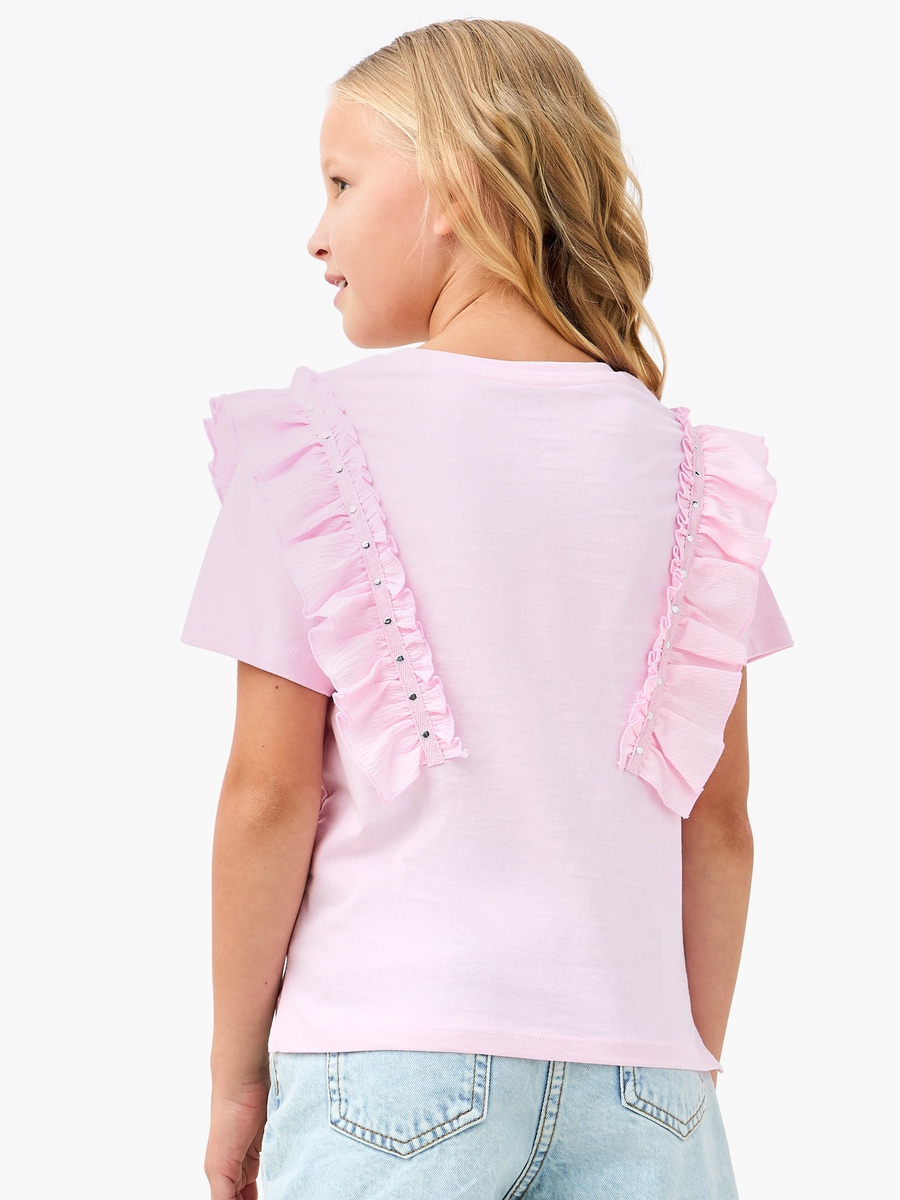 Embellished T-Shirt with Ruffle Detail and Short Sleeves