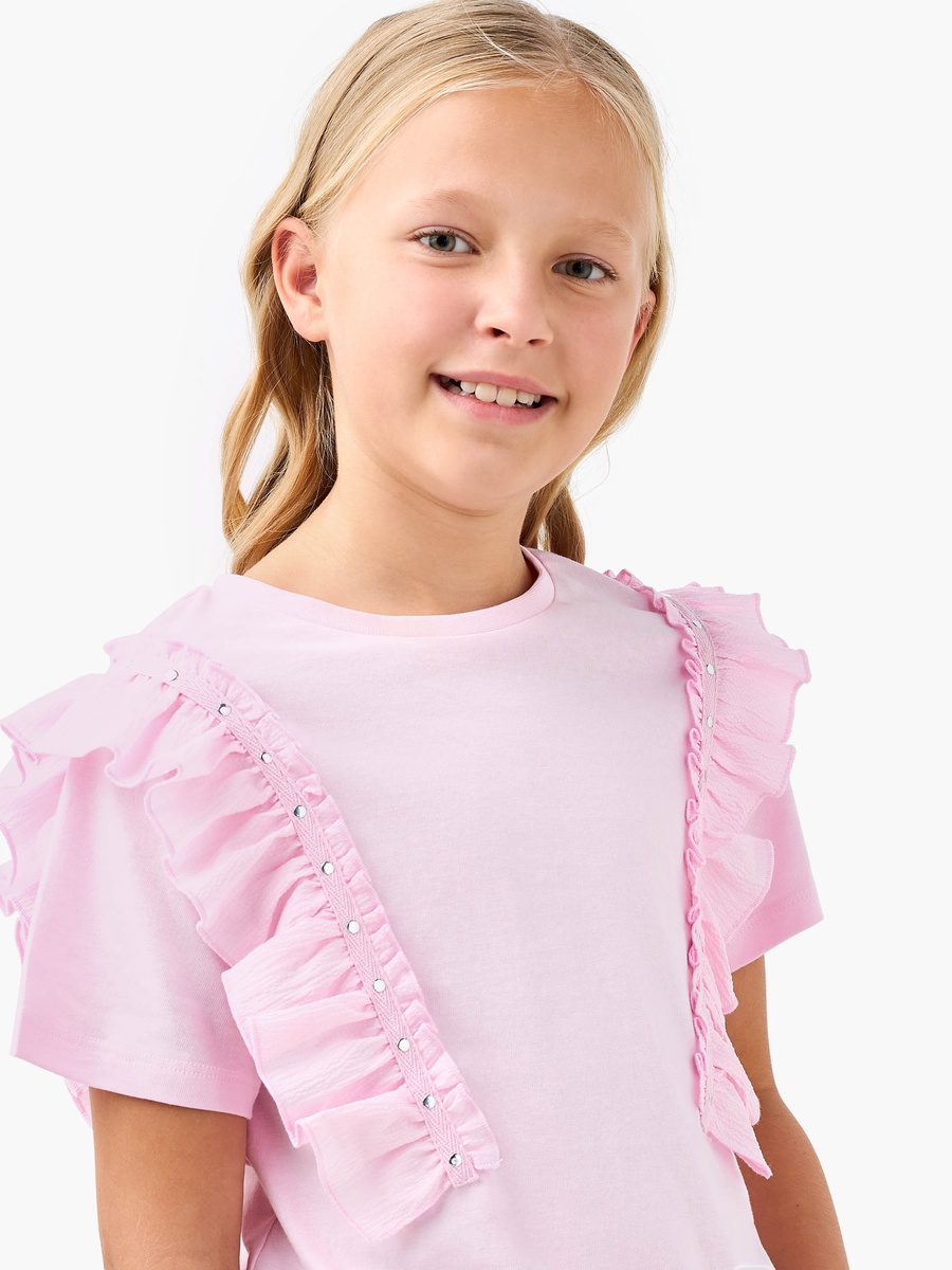 Embellished T-Shirt with Ruffle Detail and Short Sleeves