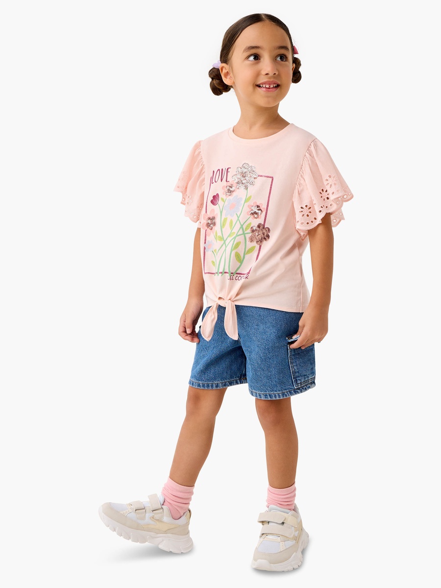 Floral Sequinned T-Shirt with Front Knot Detail