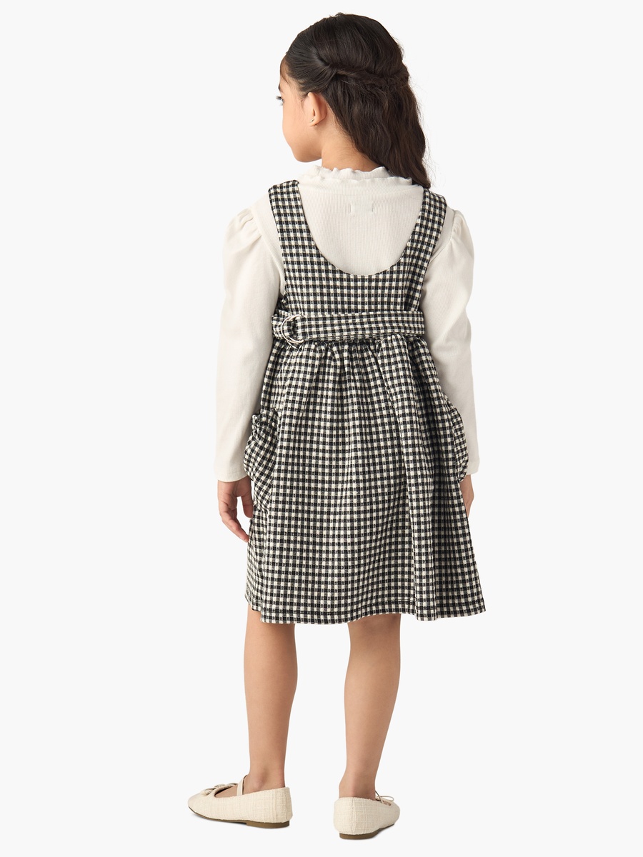Solid Long Sleeves T-Shirt and Checked Pinafore Set