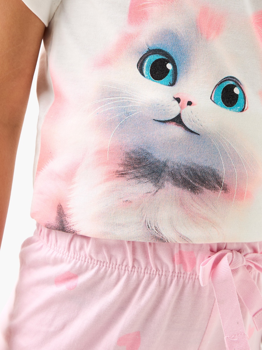 Cat Print T-Shirt and Pyjama Set