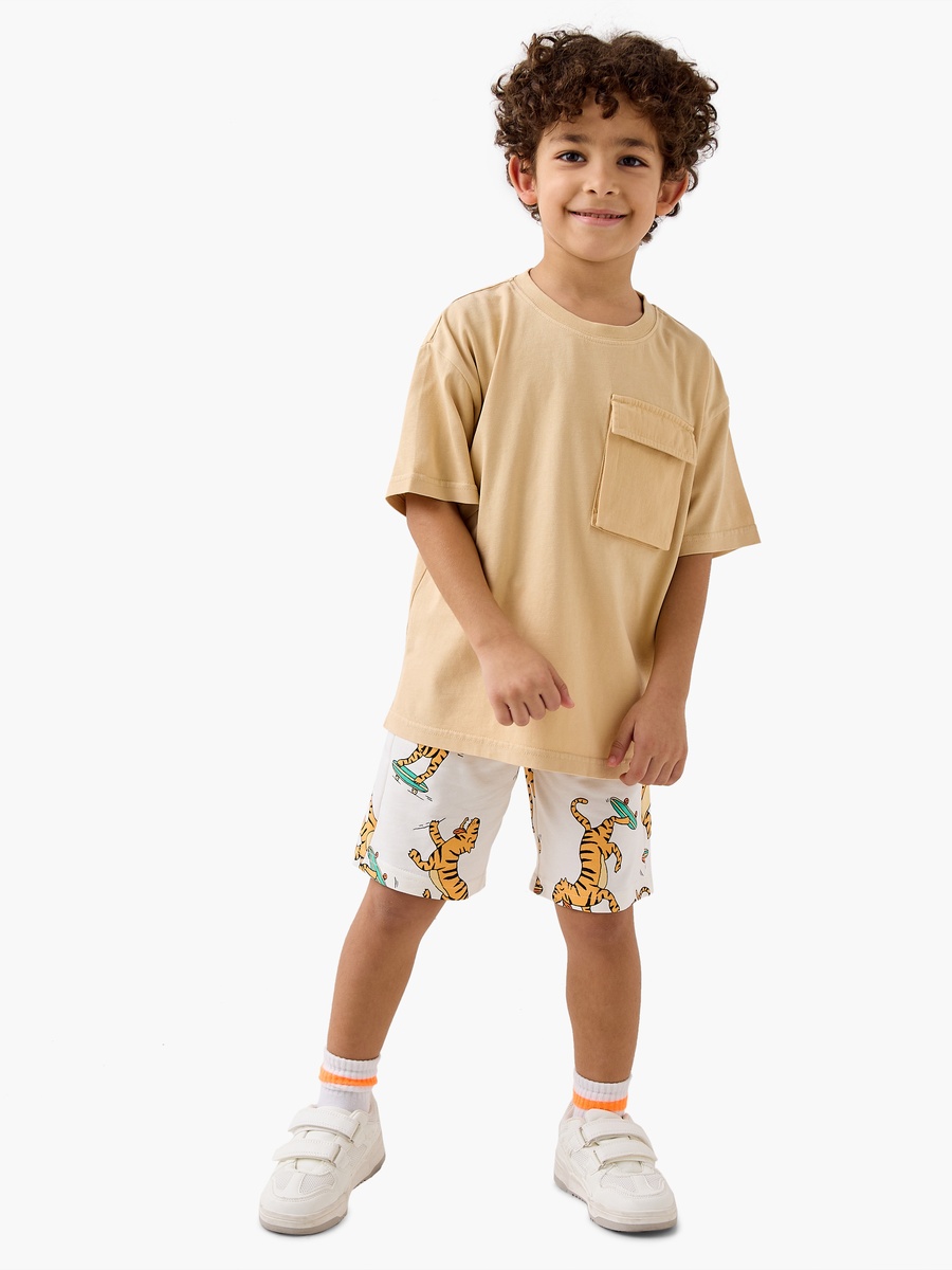 All-Over Tiger Print Shorts with Drawstring Closure and Pockets