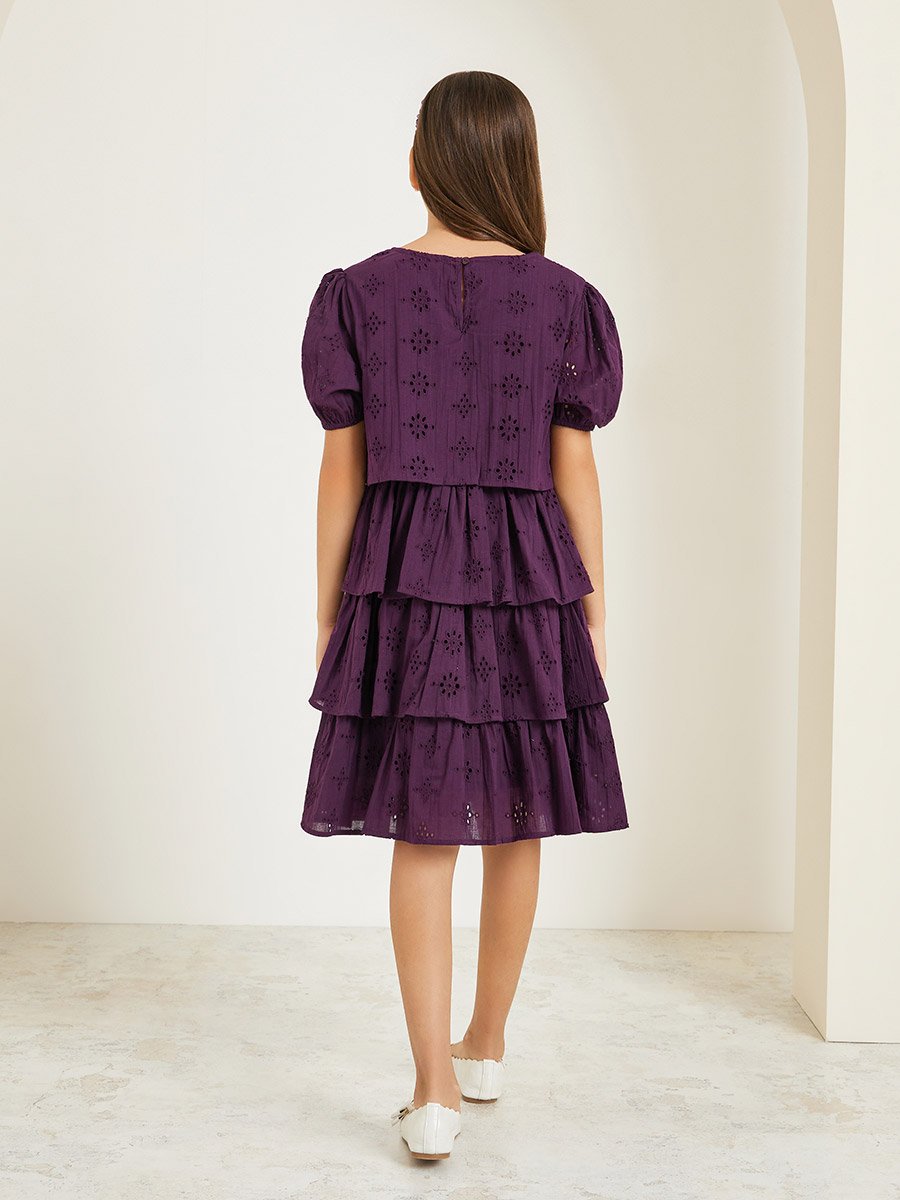 Girls Tiered Eyelet Puff Sleeve Tiered Dress 