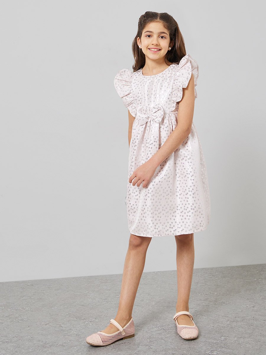 Girls Pink Ruffled Detail Jacquard Dress