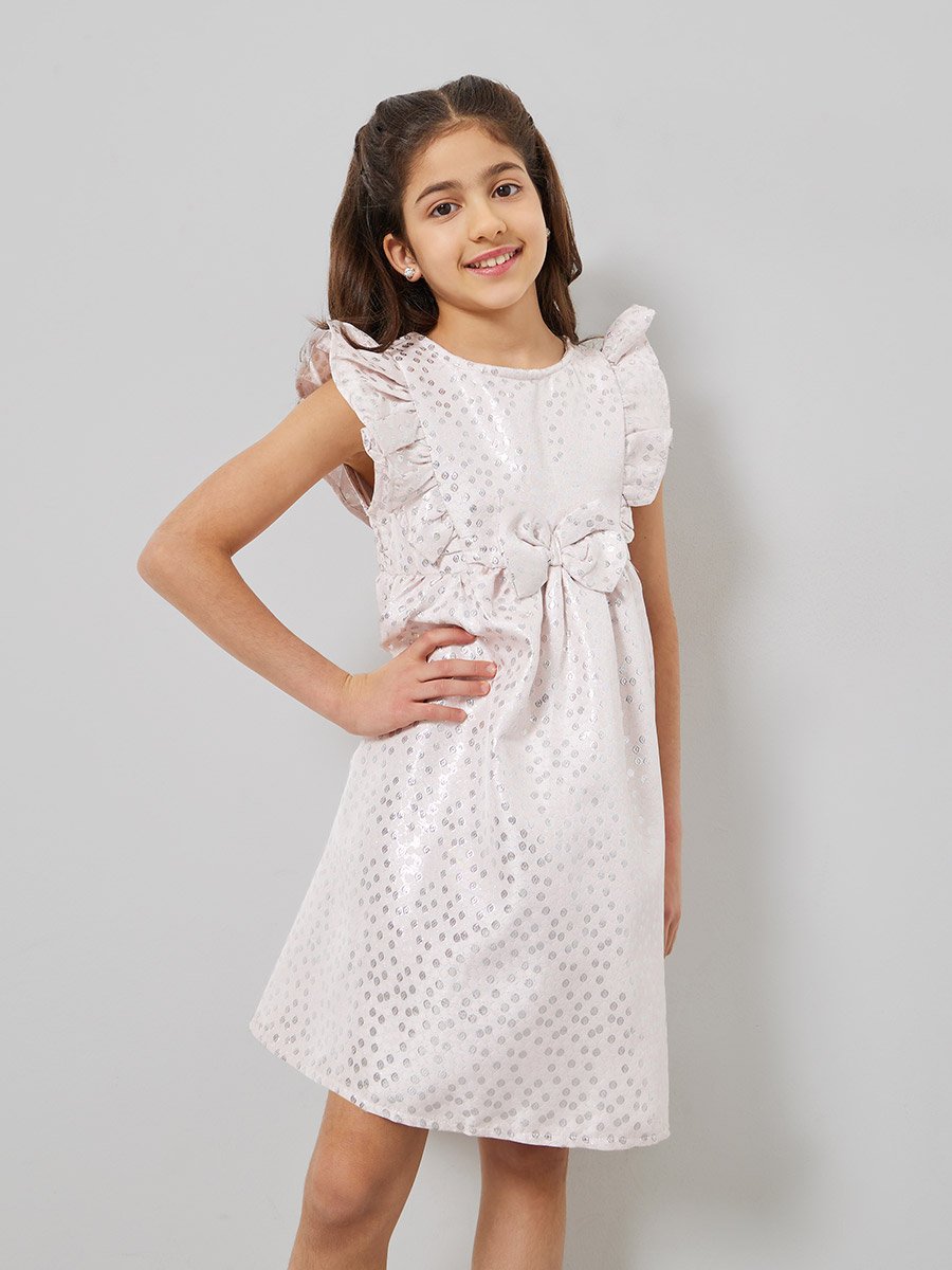 Girls Pink Ruffled Detail Jacquard Dress