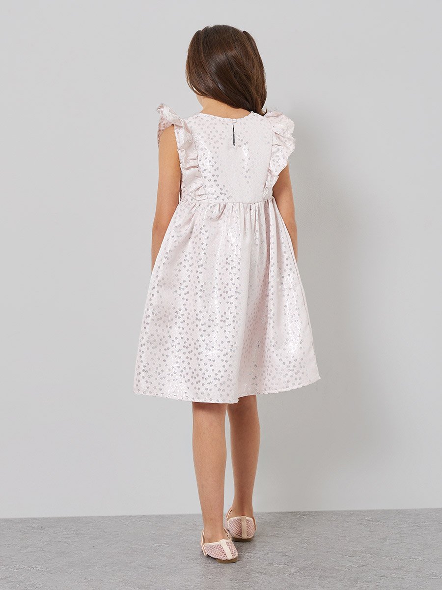 Girls Pink Ruffled Detail Jacquard Dress