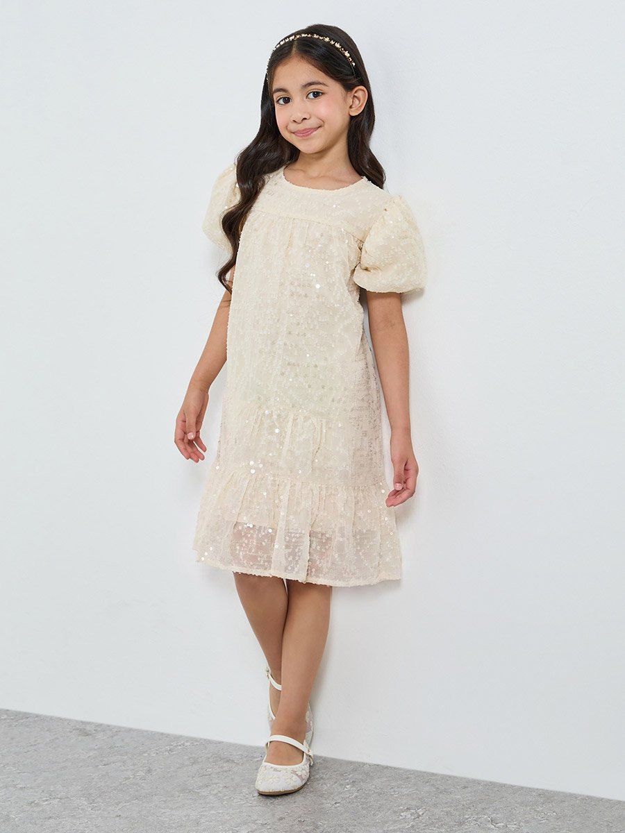 Girls Off-White Sequin A-Line Mini Dress