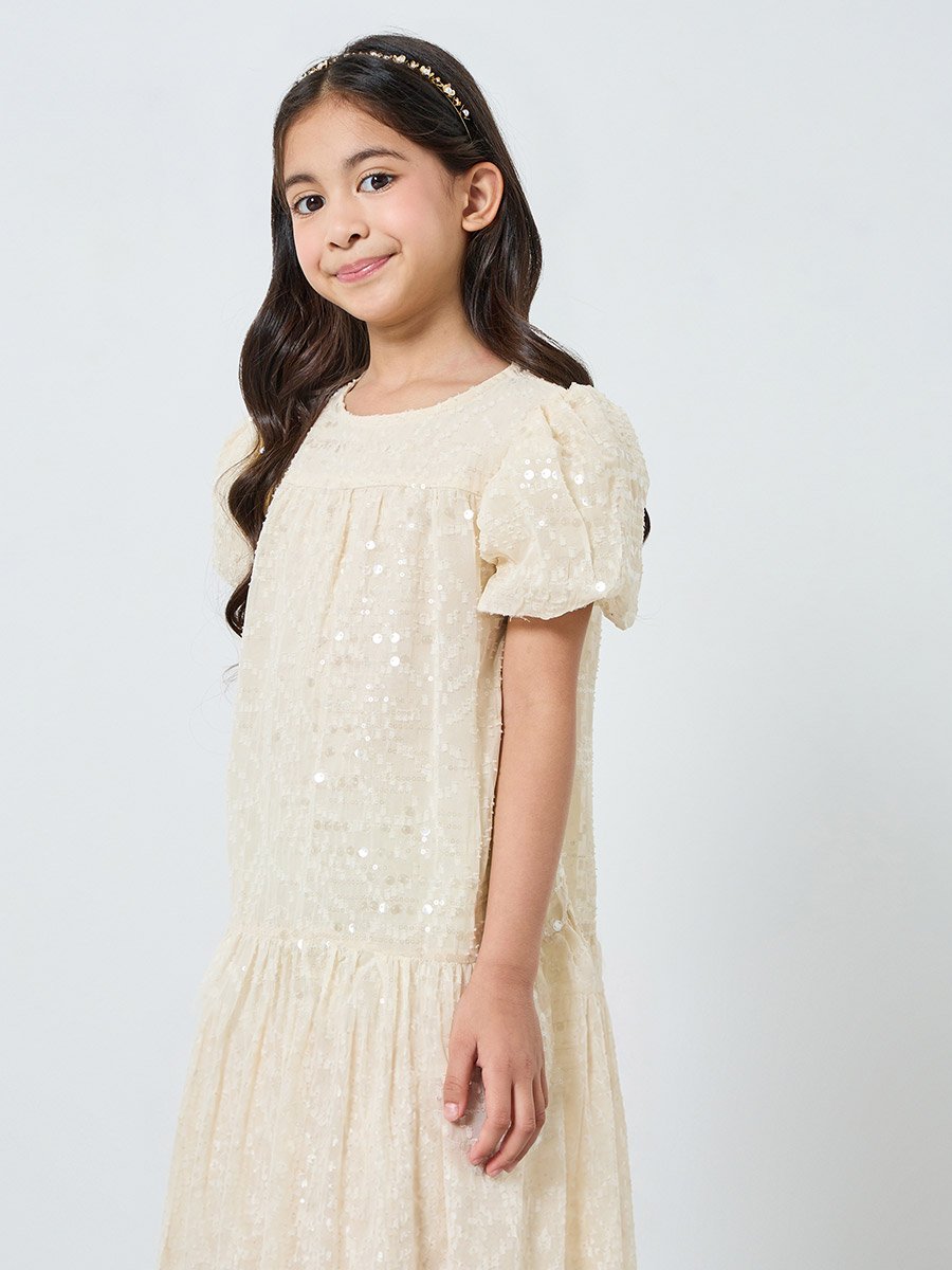 Girls Off-White Sequin A-Line Mini Dress