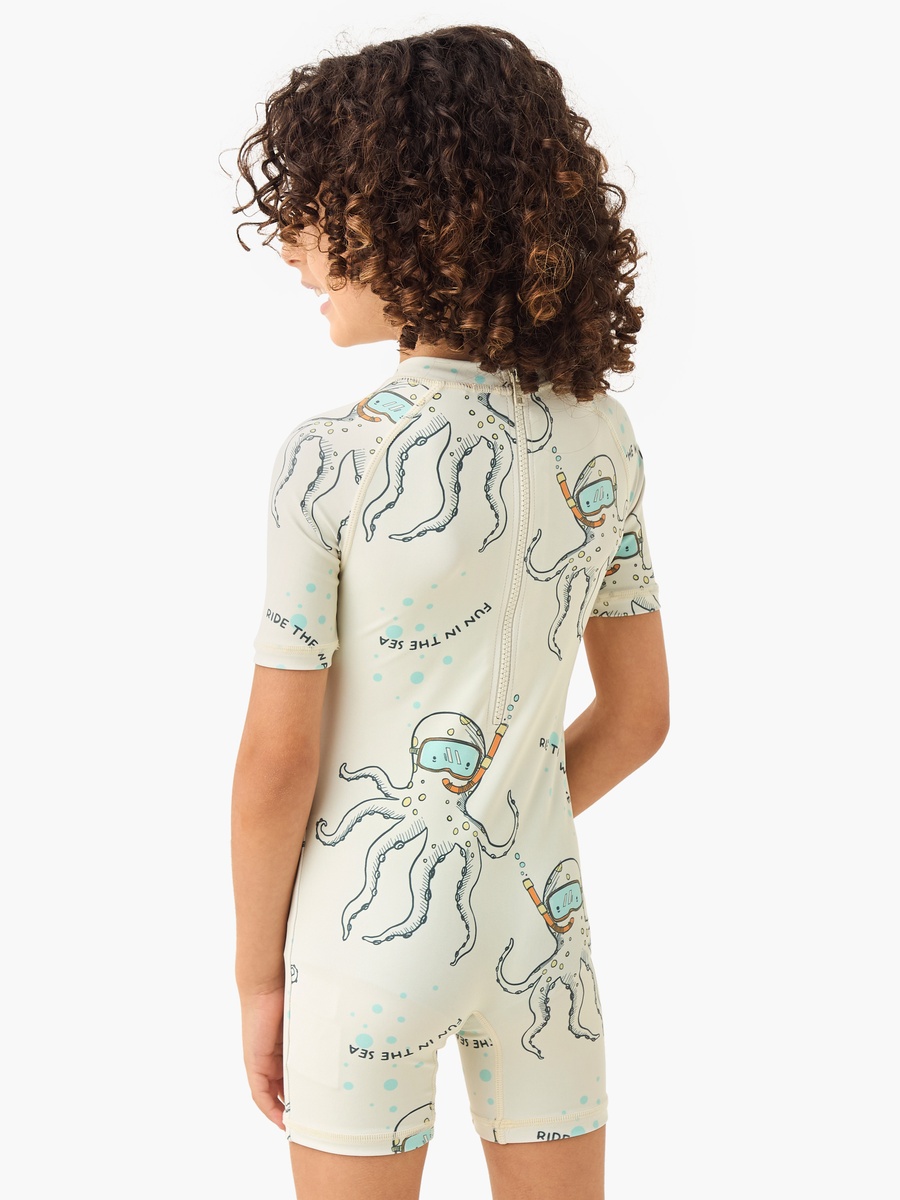 Octopus Print Swimsuit with Raglan Sleeves and Zip Closure