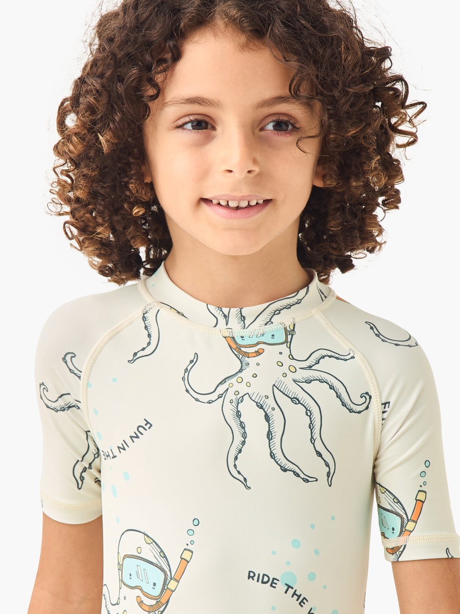 Octopus Print Swimsuit with Raglan Sleeves and Zip Closure